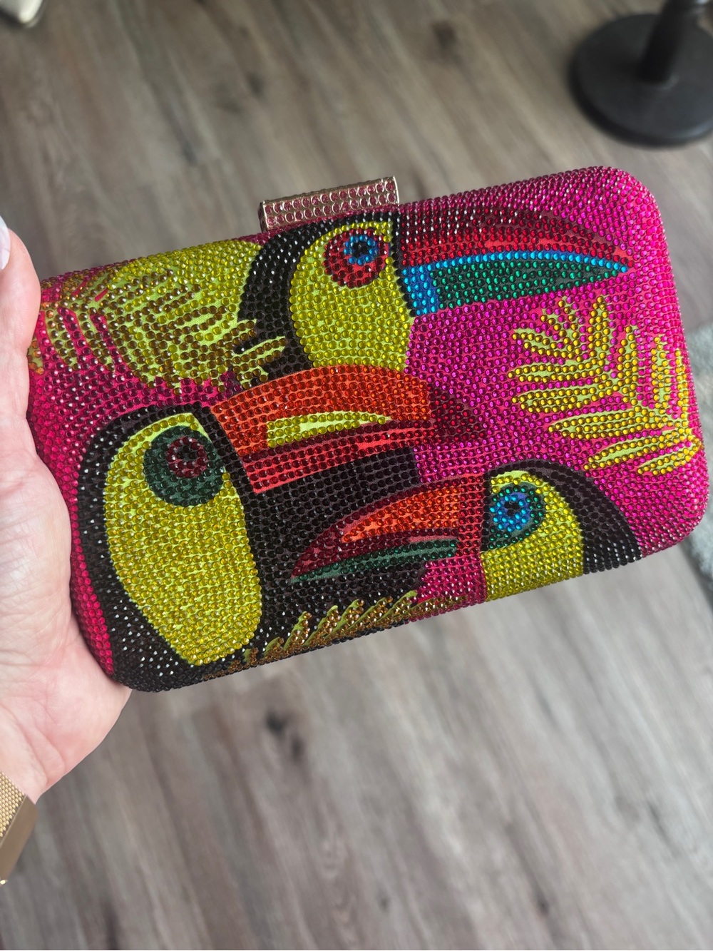 Embellished Toucan Crystal Clutch - Pink & Multicolor